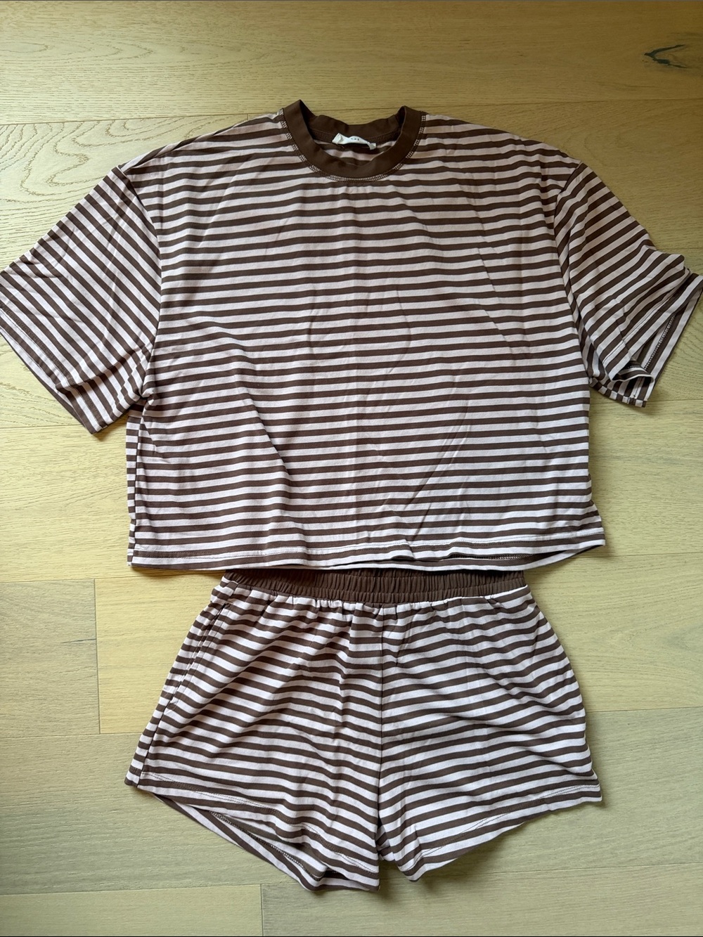 Women’s Brown Stripe Lounge Set - Short Sleeve Top & Shorts